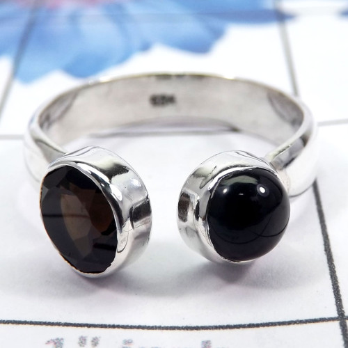 Smokey Cut & Black Onyx F - SDR731-Geniune Gemstones Adjustable Round Shape Rings of 925 ste