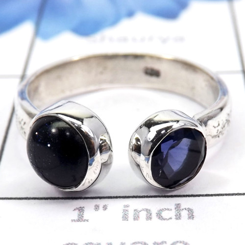 Blue Sand Stone & Iolite Cut G - SDR731-Geniune Gemstones Adjustable Round Shape Rings of 925 ste