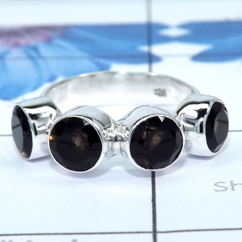Smokey Cut A - SDR730-Unique Round Gemstones Rings of 925 Sterling Silver & Pre