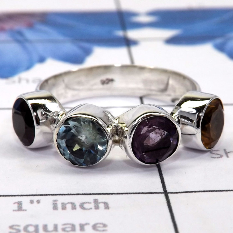 Multi Cut Gemstone E - SDR730-Unique Round Gemstones Rings of 925 Sterling Silver & Pre