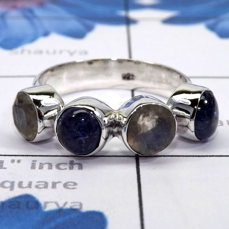 Rainbow Moonstone & Tanzanite Cab F - SDR730-Unique Round Gemstones Rings of 925 Sterling Silver & Pre
