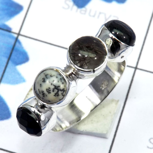 Black Rutile & Black Onyx Cut Etc H - SDR730-Unique Round Gemstones Rings of 925 Sterling Silver & Pre