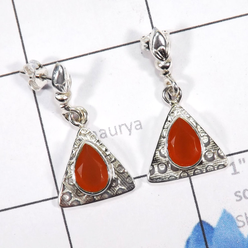 Carnelian Cut O - SSE908-Seductive Triangle Stud Earrings With 925 Sterling Siver Carnelian Cut O - SSE908-Seductive Triangle Stud Earrings With 925 Sterling Siver