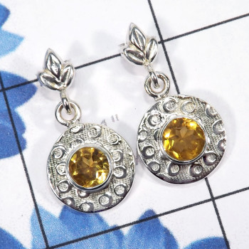 Citrine cut B - SSE906-Round Shape Designed Stud Earrings of 925 Sterling Silver