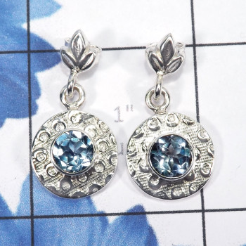 Blue Topaz C - SSE906-Round Shape Designed Stud Earrings of 925 Sterling Silver