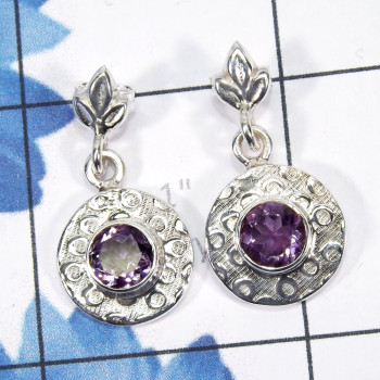 Amethyst cut G - SSE906-Round Shape Designed Stud Earrings of 925 Sterling Silver
