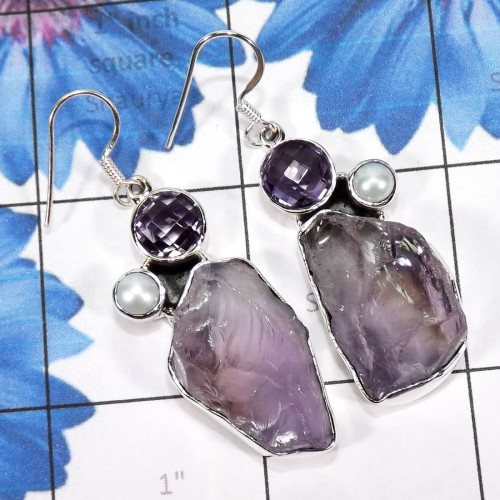 Pearl & Amethyst D - XSE972-Natural Amethyst Rough Gemstone Lovely Earrings Manufactu