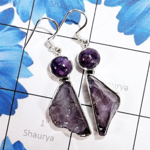 Charoite & Amethyst Rough E - XSE969-Ultimate 925 Sterling Silver Earrings With Rough Gemstone