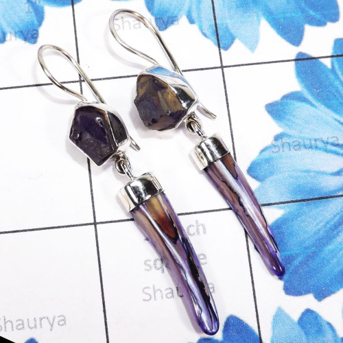 Amethyst Rough & Biwa Pearl D - XSE966-Biwa Pearl Gemstone Earrings With 925 Sterling Silver Jew