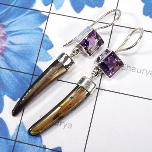 Amethyst Cut & Biwa Pearl A - XSE965-925 Sterling Silver Earrings of Lovely Biwa Pearl Gemston Amethyst Cut & Biwa Pearl A - XSE965-925 Sterling Silver Earrings of Lovely Biwa Pearl Gemston