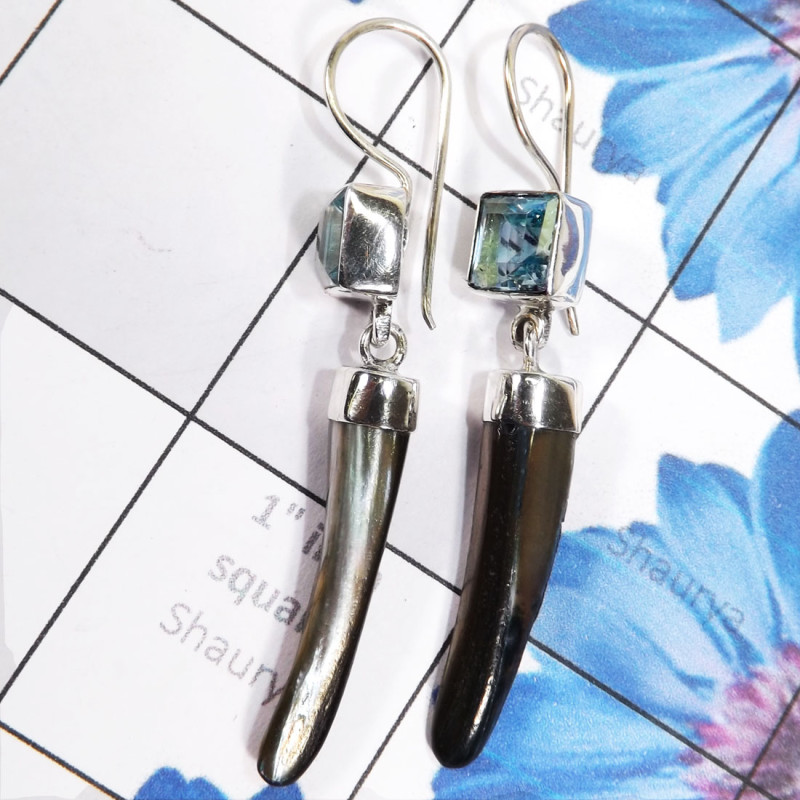 Blue Topaz & Biwa Pearl G - XSE965-925 Sterling Silver Earrings of Lovely Biwa Pearl Gemston