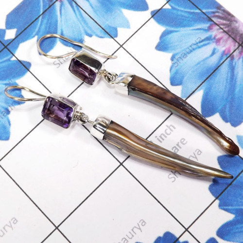 Amethyst Cut & Biwa Pearl H - XSE965-925 Sterling Silver Earrings of Lovely Biwa Pearl Gemston Amethyst Cut & Biwa Pearl H - XSE965-925 Sterling Silver Earrings of Lovely Biwa Pearl Gemston