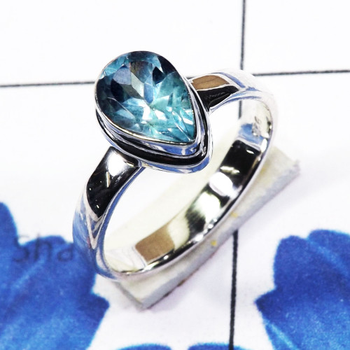 Blue Topaz C - PSR843-Pan Shape Plain Setting Ring Of Multi Cut & Cab Gemstone