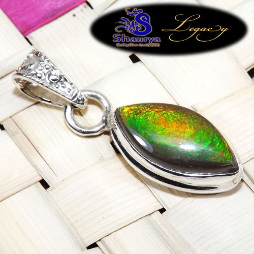 Green Fire Ammolite O - ALG950-New Flaming Ammolite Gemstone Marquis Shape Pendants of 9