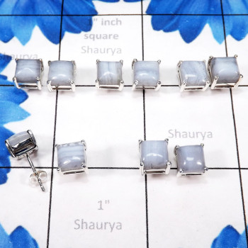Blue Lace Agate C - SSE903-7MM Wholesale 5Pairs Stud Earrings Manufactured 925 Sterl