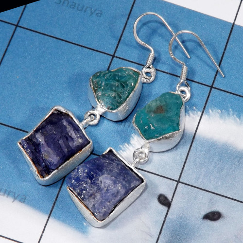 Tanzanite, Apatite Rough B - RGE978-Tanzanite & Apatite Rough Stone Matte Finish 925 Silver E