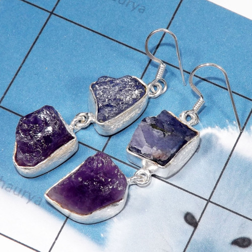 Amethyst, Tanzanite Rough-C - RGE978-Tanzanite & Apatite Rough Stone Matte Finish 925 Silver E