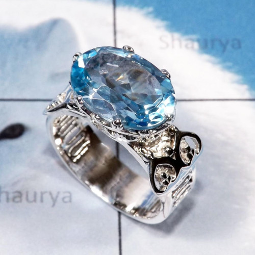 Blue Topaz Cut P - SCR884-Cut Amethyst Stone CAsting Designer 925 Silver Women Ring