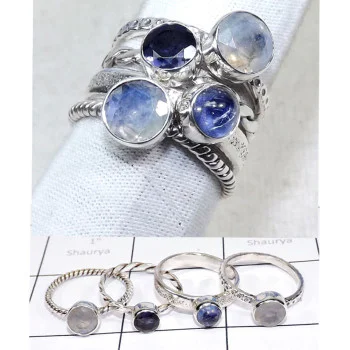 Rainbow Moonstone,Kyanite & Etc G - STK985-925 Sterling Silver Stacking Lovely Rings With Geniune Mu Rainbow Moonstone,Kyanite & Etc G - STK985-925 Sterling Silver Stacking Lovely Rings With Geniune Mu