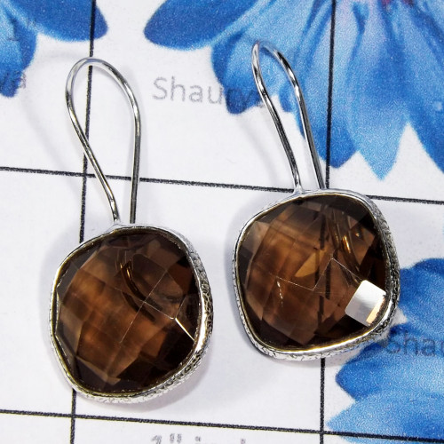 Smoky Cut- C - BZE851- BEZEL SET 925 STERLING SILVER CITRINE GEMSTONE EARRING