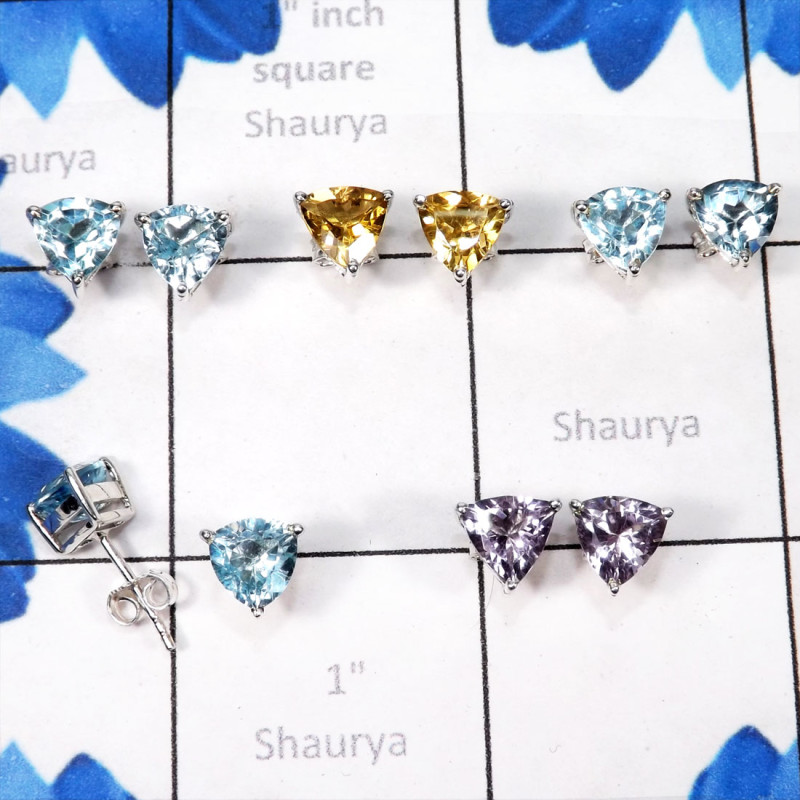 5pairs Blue Topaz,Citrine,Amethyst Cut A - SSE902-Trillian Shape 7mm Stud Earrings of Multi Cut & Cab Gemst 5pairs Blue Topaz,Citrine,Amethyst Cut A - SSE902-Trillian Shape 7mm Stud Earrings of Multi Cut & Cab Gemst