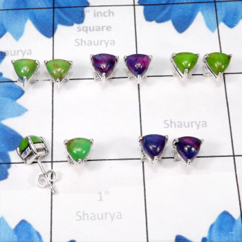5pairs Purple Turquoise,Green Turquoise B - SSE902-Trillian Shape 7mm Stud Earrings of Multi Cut & Cab Gemst