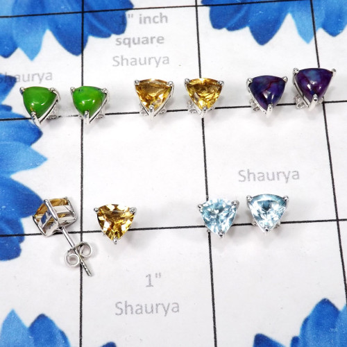 5pairs Multi Cut & Cab C - SSE902-Trillian Shape 7mm Stud Earrings of Multi Cut & Cab Gemst