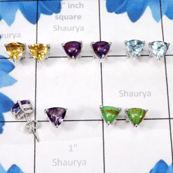5pairs Green Turquoise,Citrine,Blue Topaz Etc D - SSE902-Trillian Shape 7mm Stud Earrings of Multi Cut & Cab Gemst