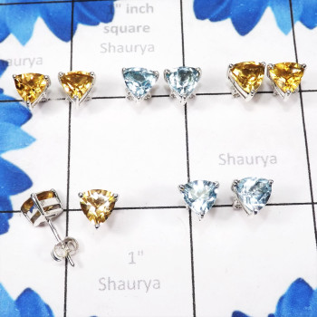 5pairs Blue Topaz,Citrine O - SSE902-Trillian Shape 7mm Stud Earrings of Multi Cut & Cab Gemst