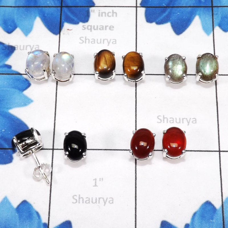 5Pairs Rainbow Moonstone,Tiger Eye Etc A - SSE900-7X9 Oval Shape Stud Earrings Manufactured 925 Sterling Si 5Pairs Rainbow Moonstone,Tiger Eye Etc A - SSE900-7X9 Oval Shape Stud Earrings Manufactured 925 Sterling Si