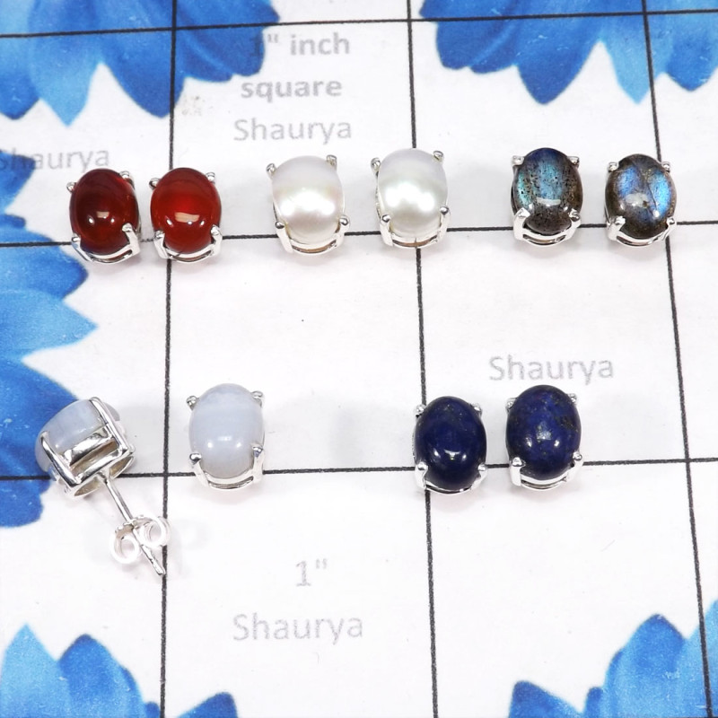 5Pairs Pearl,Carnelian,Blue Lace Agate D - SSE900-7X9 Oval Shape Stud Earrings Manufactured 925 Sterling Si 5Pairs Pearl,Carnelian,Blue Lace Agate D - SSE900-7X9 Oval Shape Stud Earrings Manufactured 925 Sterling Si