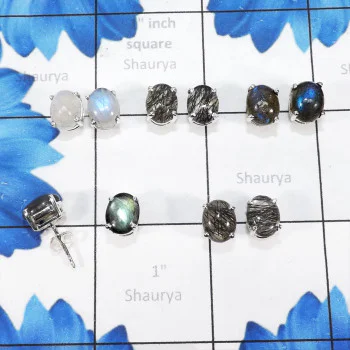 5Pairs Black Rutile,Rainbow Moonstone,Labradorite E - SSE900-7X9 Oval Shape Stud Earrings Manufactured 925 Sterling Si 5Pairs Black Rutile,Rainbow Moonstone,Labradorite E - SSE900-7X9 Oval Shape Stud Earrings Manufactured 925 Sterling Si