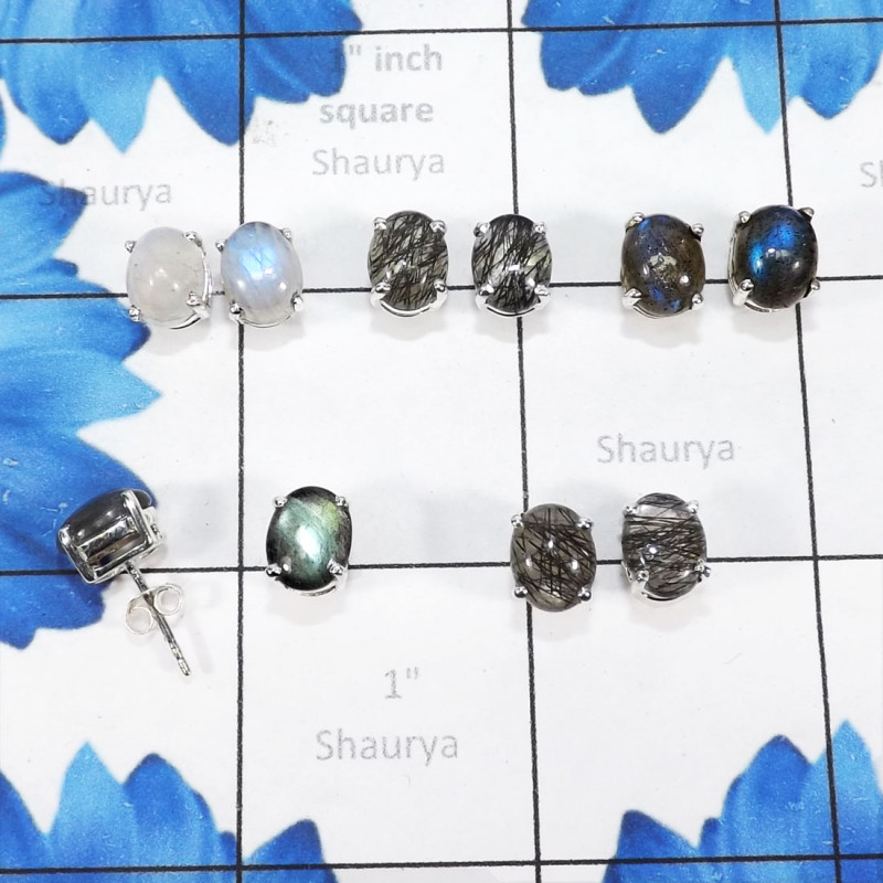 5Pairs Black Rutile,Rainbow Moonstone,Labradorite E - SSE900-7X9 Oval Shape Stud Earrings Manufactured 925 Sterling Si 5Pairs Black Rutile,Rainbow Moonstone,Labradorite E - SSE900-7X9 Oval Shape Stud Earrings Manufactured 925 Sterling Si