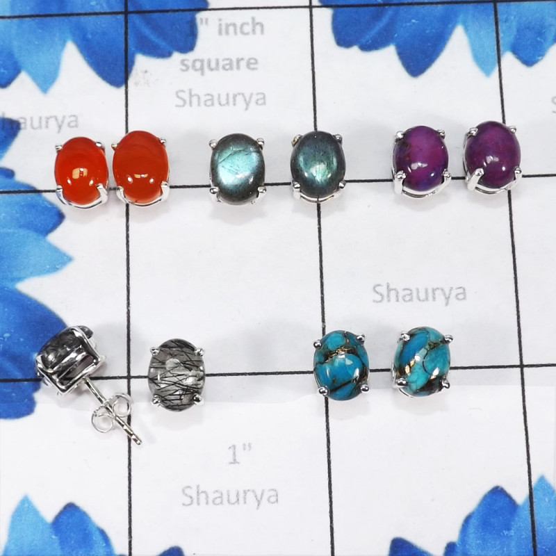 5Pairs Multi Cab Gemstone O - SSE900-7X9 Oval Shape Stud Earrings Manufactured 925 Sterling Si 5Pairs Multi Cab Gemstone O - SSE900-7X9 Oval Shape Stud Earrings Manufactured 925 Sterling Si