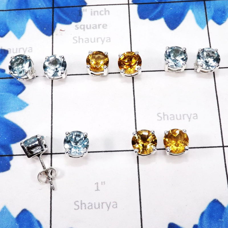 5pairs Blue Topaz,Citrine A - SSE899-925 Sterling Silver 7mm Round Shape Wholesale 5pairs Stud