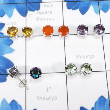 5pairs Carnelian Cut,Citrine Etc D - SSE899-925 Sterling Silver 7mm Round Shape Wholesale 5pairs Stud