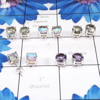 5pairs Green Amethyst,Rainbow Mystic Etc F - SSE899-925 Sterling Silver 7mm Round Shape Wholesale 5pairs Stud