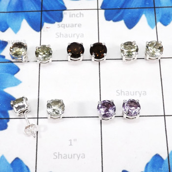 Green Amethyst,Smokey Etc H - SSE899-925 Sterling Silver 7mm Round Shape Wholesale 5pairs Stud
