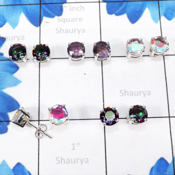 5pairs Multi Cut Gemstone I - SSE899-925 Sterling Silver 7mm Round Shape Wholesale 5pairs Stud