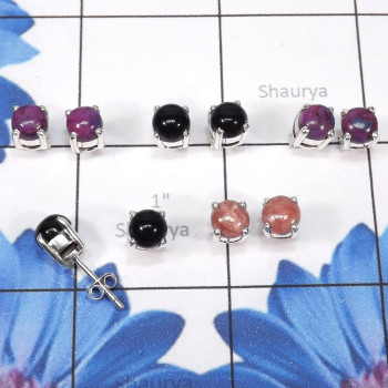 5Pairs Rodochrosite,Black Onyx Etc A - SSE895-6mm Round 5Pairs Wholesale Stud Earrings of 925 Sterling