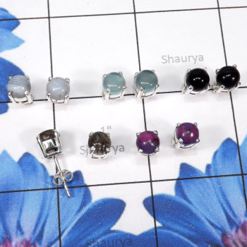 5Pairs Blue Chalcedony,Black Onyx Etc B - SSE895-6mm Round 5Pairs Wholesale Stud Earrings of 925 Sterling
