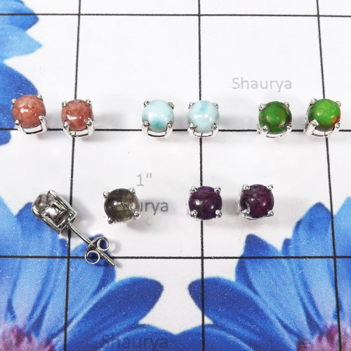5Pairs Black Rutile,Larimar Etc D - SSE895-6mm Round 5Pairs Wholesale Stud Earrings of 925 Sterling