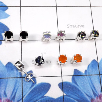 5Pairs Rainbow Mystic,Carnelian Cut Etc B - SSE894-5mm Round Wholesale 5Pairs Stud Earrings Lot With Geniune