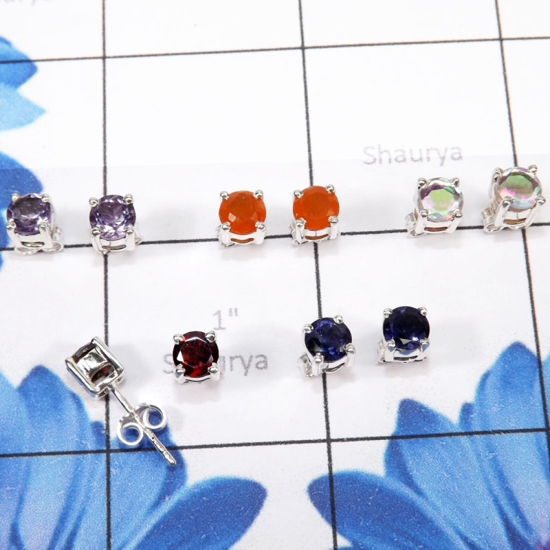 5Pairs Iolite cut,Amethyst,Carnelian Cut Etc F - SSE894-5mm Round Wholesale 5Pairs Stud Earrings Lot With Geniune