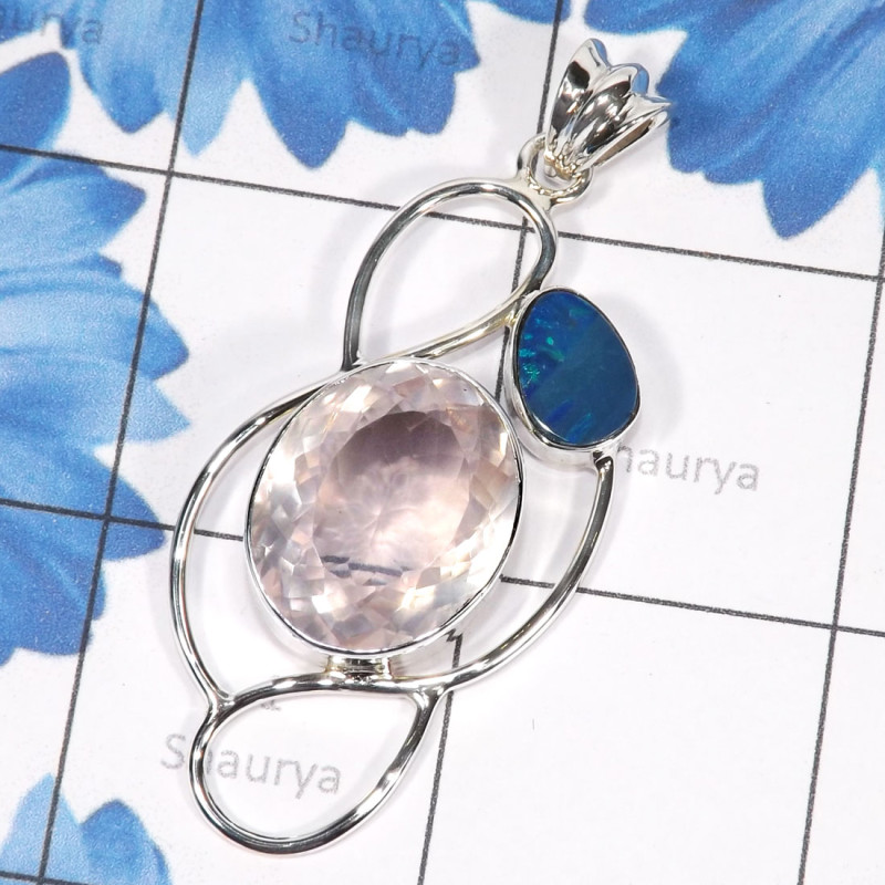 Rose Quartz & Australian Opal B - SSP885-925 Sterling Silver Exclusive New Designed Pendants With Rose Quartz & Australian Opal B - SSP885-925 Sterling Silver Exclusive New Designed Pendants With