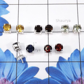 5Pairs Smokey,Iolite,Garnet Etc A - SSE892-6mm Round Lovely 5Pairs Lot of Multi Original Gemstone Ma