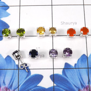 5Pairs Carnelian cut,Iolite,Citrine Etc E - SSE892-6mm Round Lovely 5Pairs Lot of Multi Original Gemstone Ma