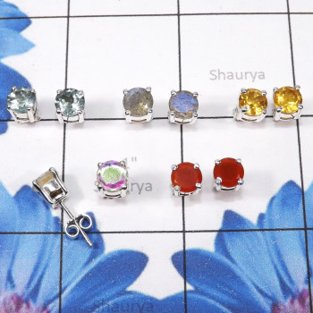 5Pairs Labradorite Cut,Blue Topaz,Rainbow Mystic Etc O - SSE892-6mm Round Lovely 5Pairs Lot of Multi Original Gemstone Ma