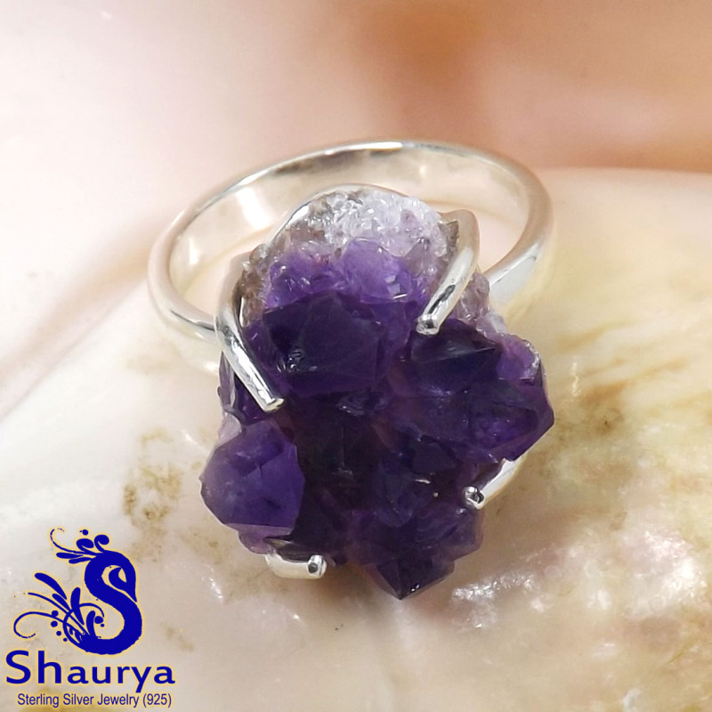 Amethyst Druzy B - AMS997-Natural Amethyst Druzy Prong Setting Ring Manufactured 92 Amethyst Druzy B - AMS997-Natural Amethyst Druzy Prong Setting Ring Manufactured 92