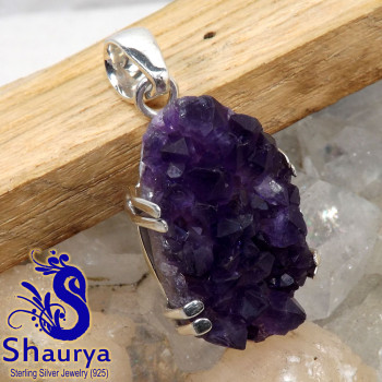 Amethyst Druzy I - AMS995-Prong Setting Pendants of Geniune Amethyst Druzy Gemstone